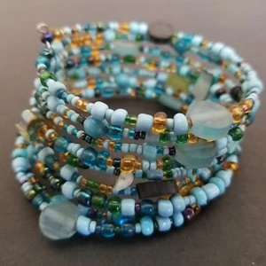Multi-Strand 9-Row Beaded Cuff Bracelet - Turquoise & Amber Beads - Very Pretty! - Picture 1 of 7