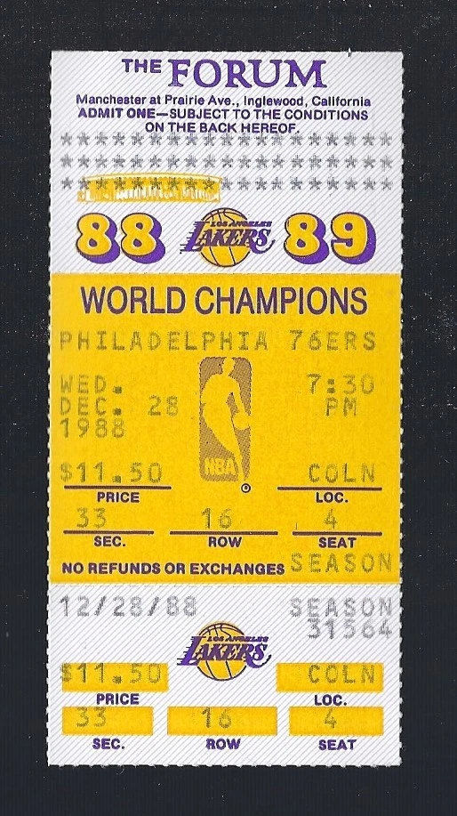 MAGIC JOHNSON TRIPLE DOUBLE v CHARLES BARKLEY - 1988 76ERS @ LAKERS FULL TICKET - Image 1 of 1