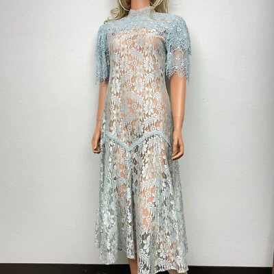 Винтажное романтическое кружевное платье 70-х Ricki Lang для костюма бледно-голубого цвета размер S США - Изображение 1 из 4