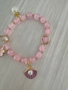 Lucky Wish beads pink crystal beaded stretch bracelet with pink daisy pearl p - Picture 1 of 6