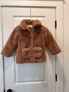 H M Girls Jacket Size 6  Brown 100% Polyester Faux Fur Snap Down Coat - Picture 1 of 6
