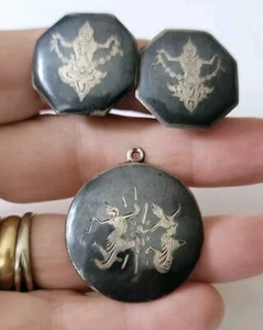 Antique Vintage Siam Dancer Black Enamel Sterling Silver Clip Earrings & Pendant - Picture 1 of 8