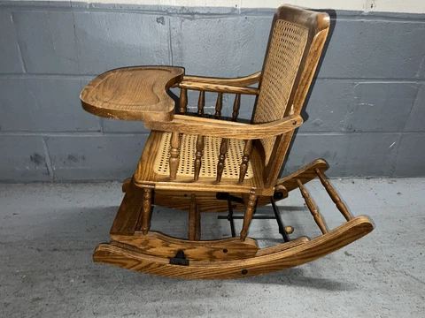 Antique Vintage Solid Wood Mechanical Convertible  High Chair/Rocker Woven Cane Cover