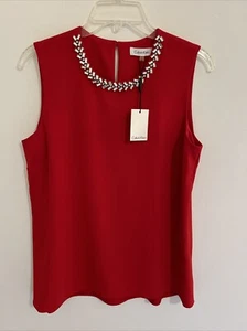 Calvin Klein Top rot rouge Stretch Krepp Strass verziert S Urlaub Party - Bild 1 von 5