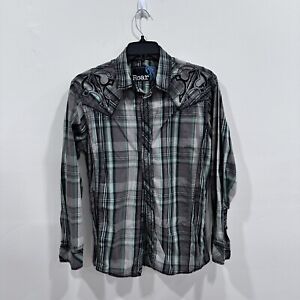 Roar Shirt Men L Gray Green Plaid Embroidered Stitch Stretch Button Long Sleeve