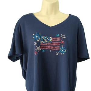 Womens 4th July Short Sleeve Pullover Blouse Top Shirt Red Whte Blue Plus 1X - Picture 1 of 13