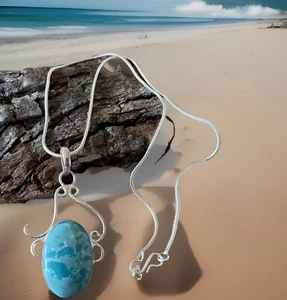 Larimar Gemstone Pendant Necklace -925 Sterling Silver plated- New - Picture 1 of 3