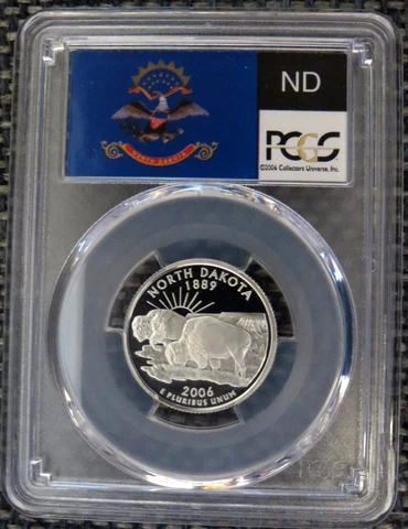 2006-S 25c North Dakota SILVER State Flag Label Quarter Proof PCGS PR70DCAM Cover