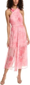NWT Ted Baker London Cross front Pleated Chiffon Coral Midi Dress Sz 4/US L $395 - Picture 1 of 11