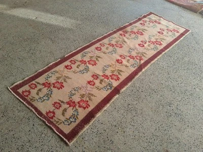 3.2x10.8 ft  Vintage Turkish Runner Rug Wool Anatolian Handmade Hallway Oushak - Image 1 of 4
