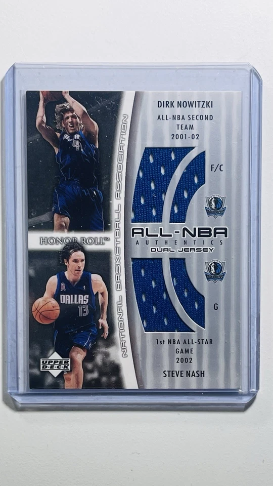 2002-03 UD Honor Roll All-NBA Authentic Dirk/Nash Game Used Dual Jersey Patch - Image 1 of 2