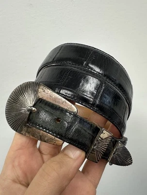 Cinturón Western Vintage Ónix Cuero Negro Cocodrilo Repujado Tono Plata Herrajes L Foto 1 de 4