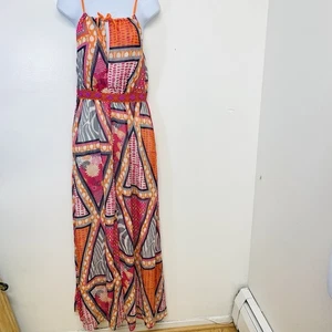 H & M Maxi Dress 6 Pink Abstract Empire Flowy Adjust Tropical Beachy Fairy Boho - Picture 1 of 14