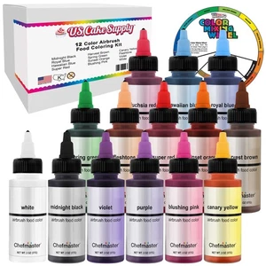 Chefmaster 2-Ounce 12-Color Airbrush Cake Color Kit with USA Color Mixing Wheel - Picture 1 of 5