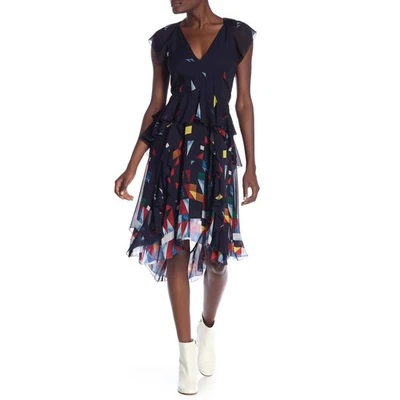 Vestido Joie Kiersten Midi 100% Seda Azul Marino Estampado Muticolor Pañuelo Dobladillo | 6 Foto 1 de 4