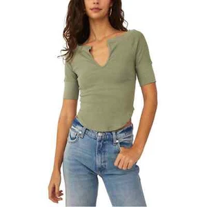 FREE PEOPLE Womens Blake Baby Green Short Sleeves T-Shirt XS Split Neck - Picture 1 of 9