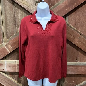 Mercer Studio Red Sequin Sweater Sz PL Petite Large Fall Trendy Collar Elegant - Picture 1 of 14
