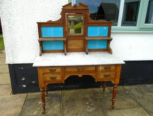3' 6" Antique Marble Top Tile Back 5 Drawer Wash Stand Pine Base Bevelled Mirror - Picture 1 of 23