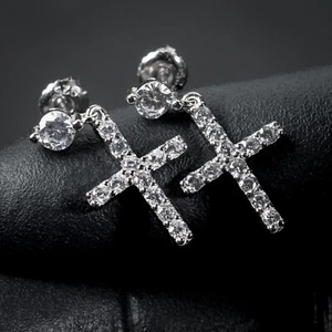 Men's Round Iced Cz Stud Sterling Silver Hip Hop Fashion Dangle Cross Earrings - Picture 1 of 4