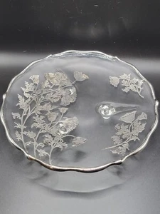 Flanders Poppy Silver City Glass Dish Round 3 Toe Footed Silver Overlay Vintage - Picture 1 of 14