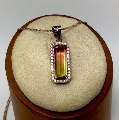 "Colgante y cadena de cuarzo sandía de oro rosa sobre plata de ley de 18""" Foto 1 de 4