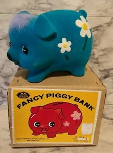 Vntg 1960's NOS Flocked Blue Mod Hippy PIGGY BANK w/ Purple Hair & Flowers NEW - Picture 1 of 9