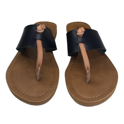 Blue Fin Girls Youth Faux Leather Flip-Flops Thong Sandals US Size 2 NEW Black - Image 1 of 4