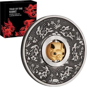2023 $1 Lunar Year of the Rabbit with Rotating Charm 1oz Silver Antiqued Coin - Picture 1 of 2