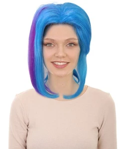 HPO Adult Women’s Medium Ponytail Style Blue Wig with Purple Streaks - Picture 1 of 18