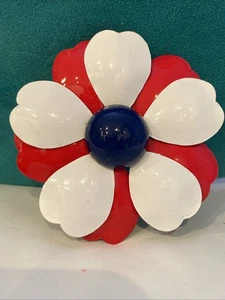 Vintage Metal Enamel Red White Blue Button Curved Petal Flower Pin Brooch - Picture 1 of 5