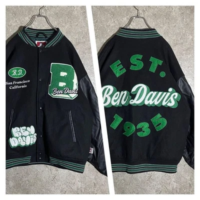 Ben Davis Leather Varsity Jacket Blouson Embroidery Patch Genuine L Green - Image 1 of 4