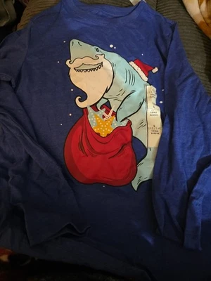 Cat & Jack New Size 12/14 Christmas Long Sleeve Sharks Santa Shirt Boy Girl Kid  - Image 1 of 4