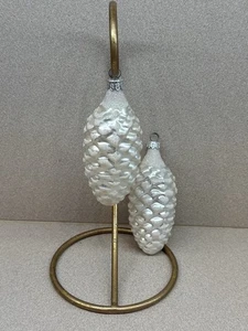 Set 2 Pigna Vintage VETRO Natale 4,5” Ornamenti Argento con Glitter Bianco - Foto 1 di 7