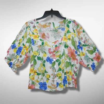 Top Laura Ashley Mediano Tropical Floral Acanalado Manga Abullonada Cottagecore Verano Foto 1 de 4