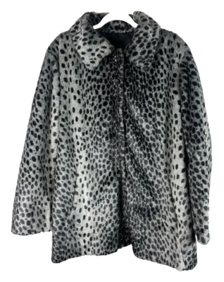 Ann Klein Faux Fur Black Gray Animal Print Reversible Women's Coat Size XL - Image 1 of 4