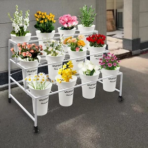 3 Tier Moving Shelf Flower Display Stand Metal Flower Display Rack + 12 Buckets - Picture 1 of 11