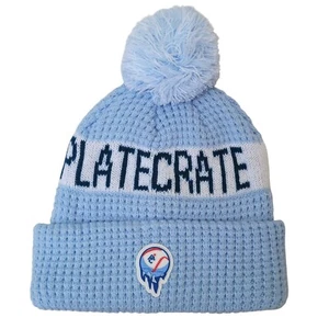 Plate Crate Beanie Hat Winter Knit Cuffed Pom Baseball Logo Blue White Cap Soft - Picture 1 of 4