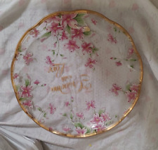 Vintage Clear Lefton Pink Flowers GOLD TRIM GRANDMA Decor Plate Reverse Painting
