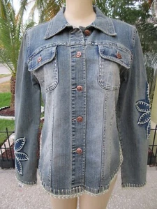 Crest Jeans Donna XL Giacca Denim Blu Ricamato Applique Manica Lunga Frange - Foto 1 di 11