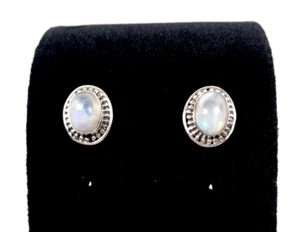 925 Sterling Silver Moonstone Stud Earrings Oval Round Dainty 9mm Stone - Picture 1 of 6