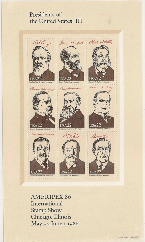 US 2218 Ameripex'86 Presidents 22c sheet 9 MNH 1986 - Image 1 of 1