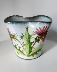 "Florero italiano pintado a mano borde con volantes de cardo verde aguamarina con borde dorado 6""" - Imagen 1 de 4