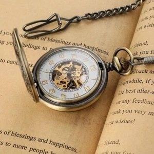 Bronze Hand-winding Mechanical Carved Pocket Watch Skeleton Arabic Numberals - Picture 1 of 10
