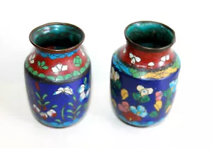 JOLIE ANCIENNE PAIRE DE PETIT VASE JAPONAIS en ÉMAUX CLOISONNÉ BRONZE JAPON XIXe - Picture 1 of 7