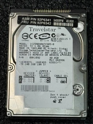 IBM 92P6342 IC25N040ATCS05-0 40GB 5.4K RPM  8MB Cache ATA-100 HDD 2.5" - Image 1 of 4