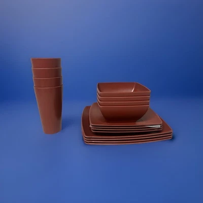 Gibson Home 16 Piece Square Melamine Dinnerware Set Plates Bowls Cups Red - Image 1 of 4