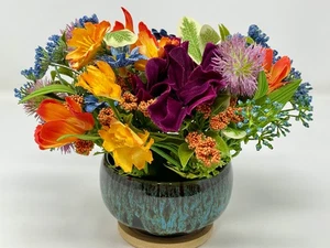 7" Orange-Purple Autumn Spring Mix silk Flower arrangement in small ceramic pot  - Picture 1 of 12