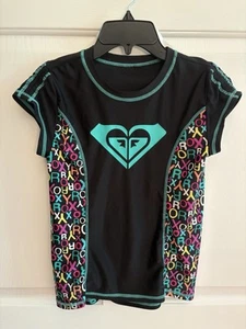 Roxy Black Multicolor S/S Rash Guard Swim Top, Girls Sz 12 - Picture 1 of 5