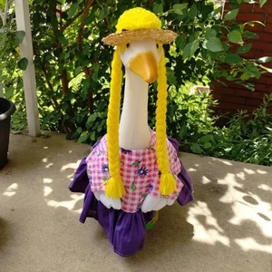 Porch Goose Flowered Checkered Dress Blonde Braids Hat Pink Purple Fits 23" - Picture 1 of 18