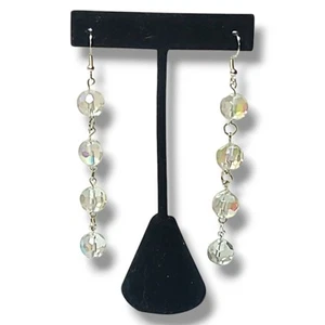 Aurora Borealis AB Crystal Bead Sterling Silver 925 Long Dangle Earrings - Picture 1 of 10